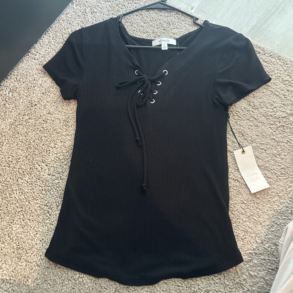 Black Lace-Up Ribbed Top